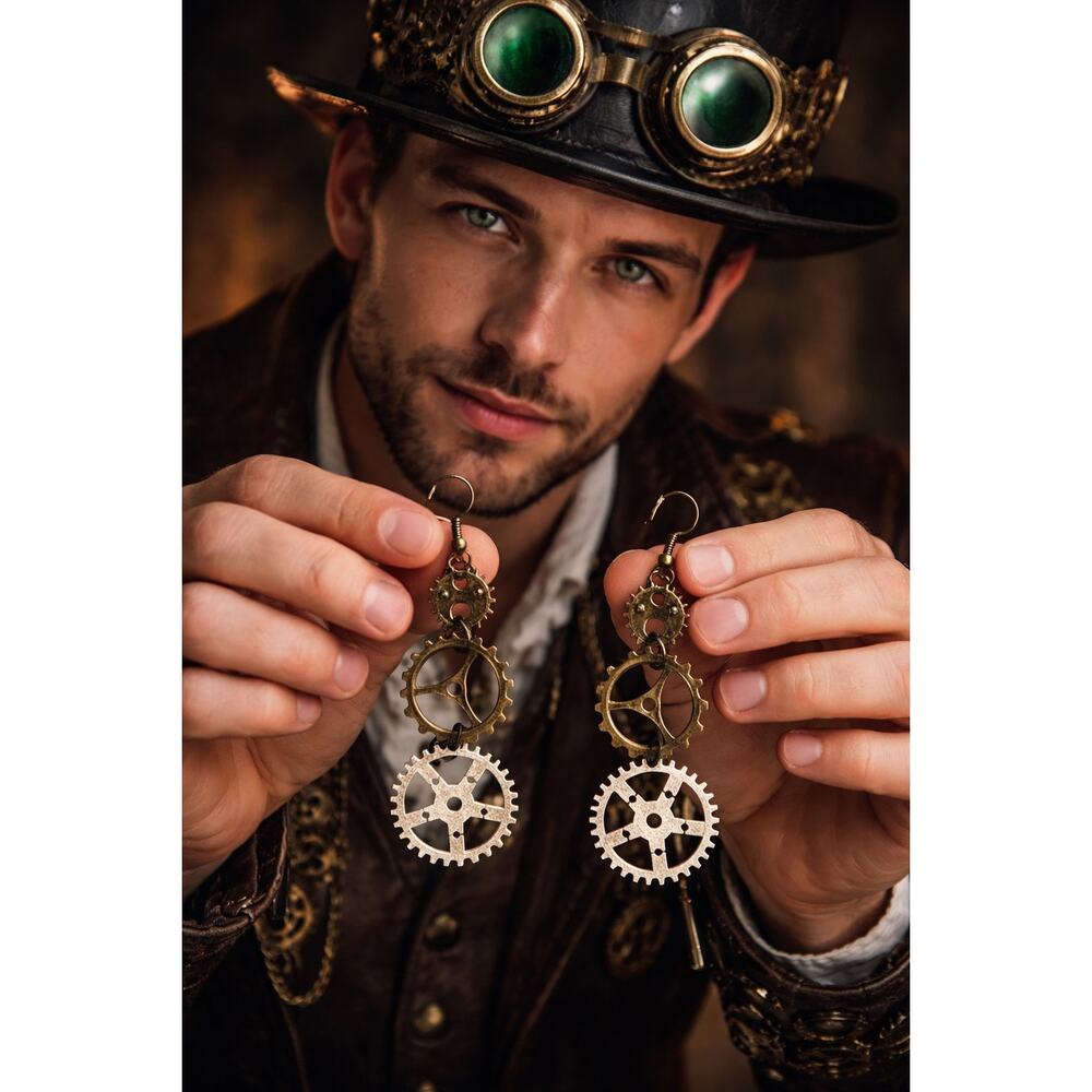 Steampunk Gear Dangle Earrings 3” Industrial Clockwork Style